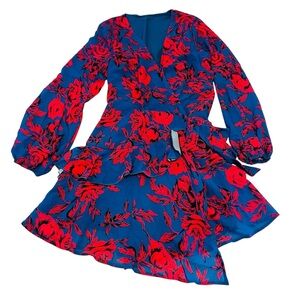 Cupshe Blue & Red Floral Blouson Sleeve Mini Wrap Dress - Size Small NWT